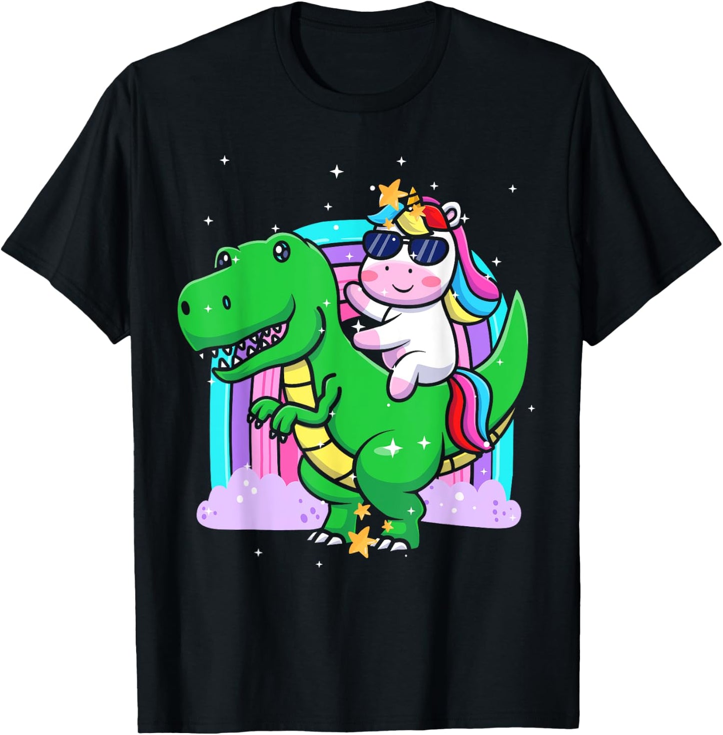 Unicorn Riding T Rex Dinosaur Boys Girls Men Women Rainbow T-Shirt - T-Shirt | Black