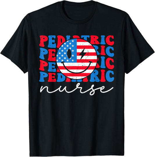 Pediatric Nurse 4th of July 2024 American Flag Peds Nurse T-Shirt - T-Shirt | Black