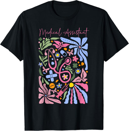 Boho Flower Medical Assistant Stethoscope Healthcare Worker T-Shirt - T-Shirt | Black