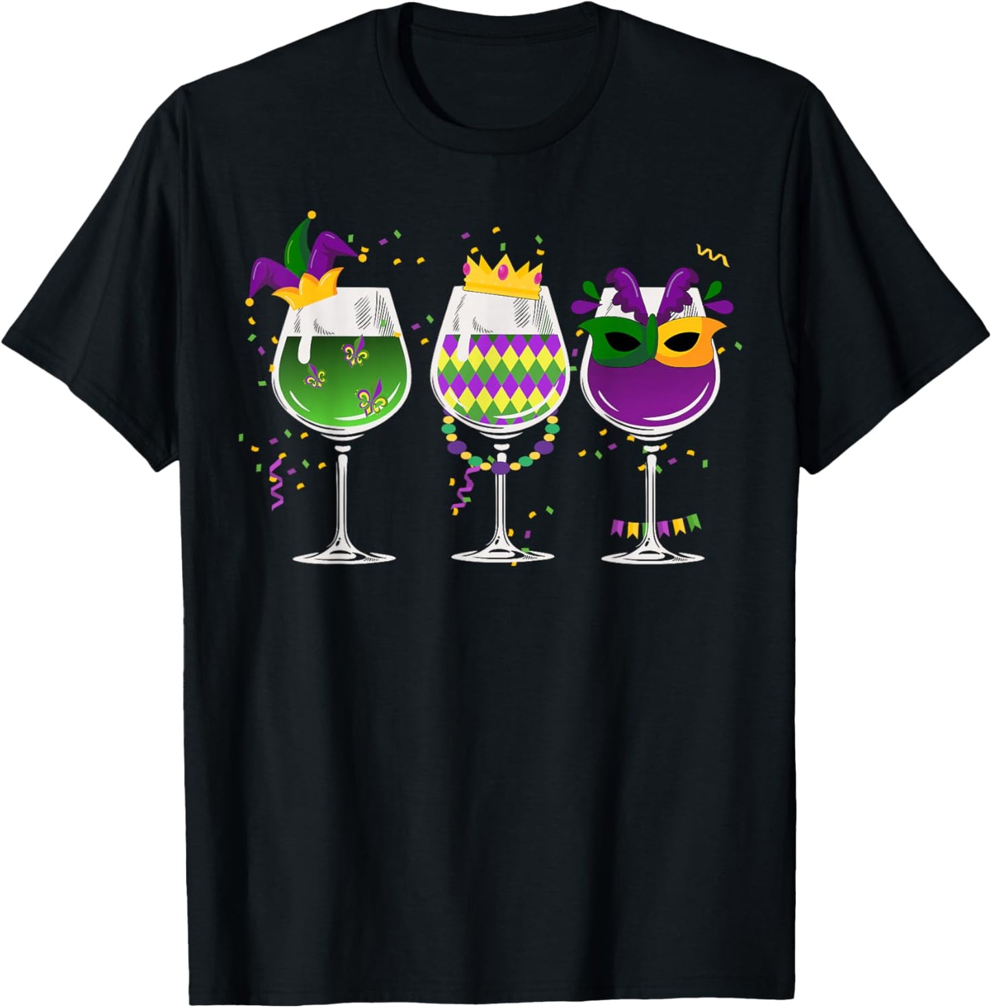 Funny Drinking Mardi Gras Glass Of Wine | Men Women Trendy T-Shirt - T-Shirt | Black