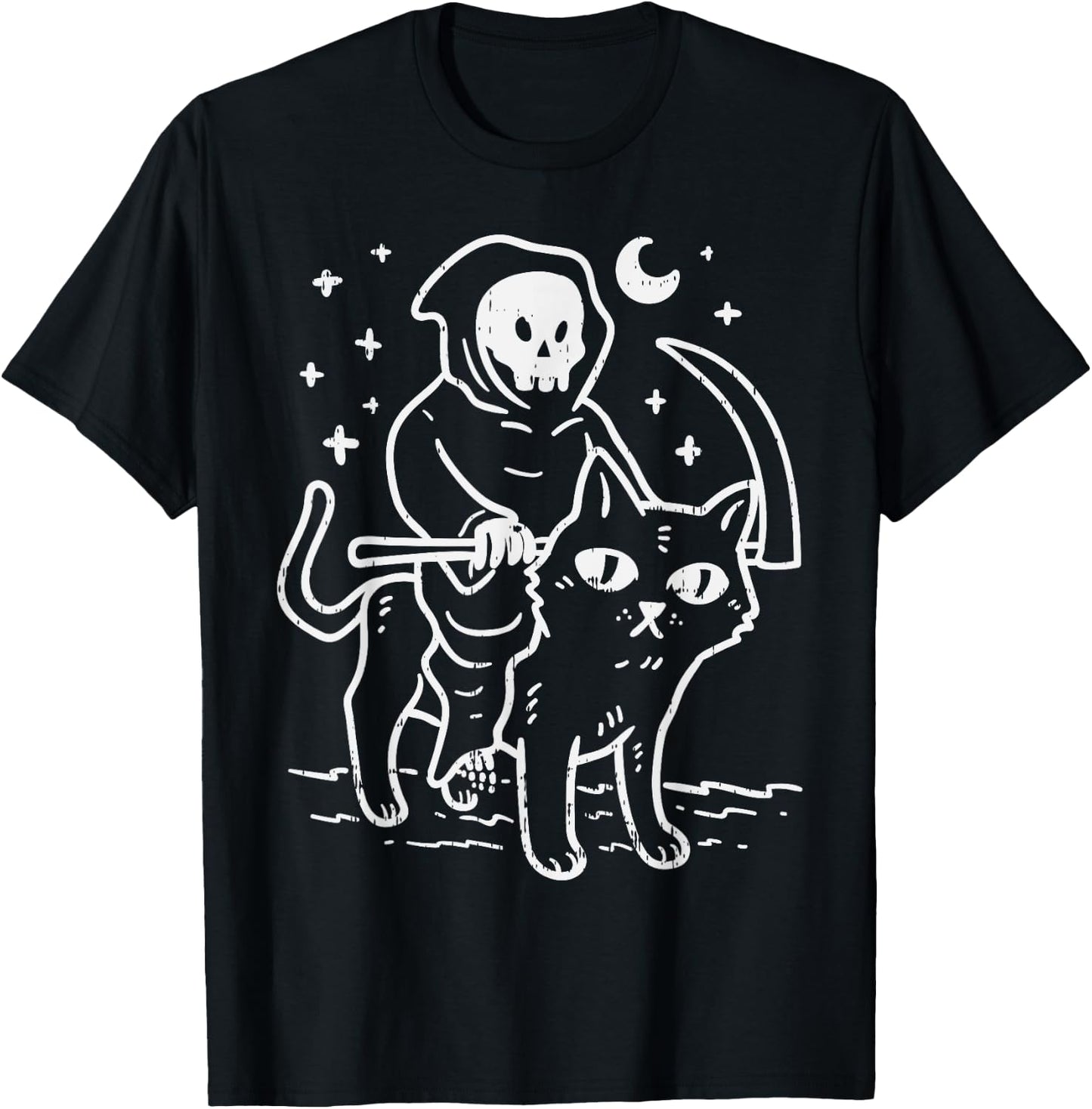 Grim Reaper Riding Cat Moon Funny Death Halloween Costume Men Women Kids T-Shirt - T-Shirt | Black