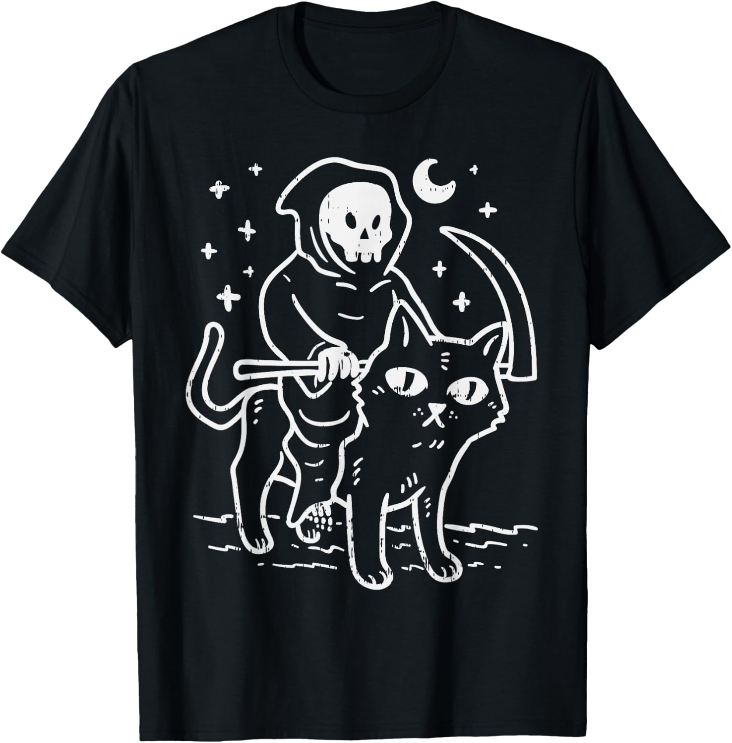 Grim Reaper Riding Cat Moon Funny Death Halloween Costume Men Women Kids T-Shirt - T-Shirt | Black