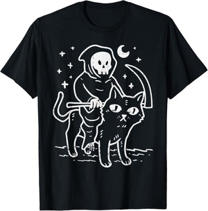 Grim Reaper Riding Cat Moon Funny Death Halloween Costume Men Women Kids T-Shirt - T-Shirt | Black