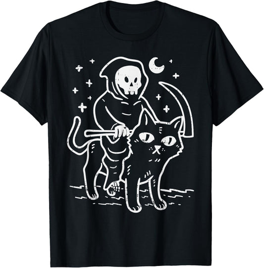 Grim Reaper Riding Cat Moon Funny Death Halloween Costume Men Women Kids T-Shirt - T-Shirt | Black