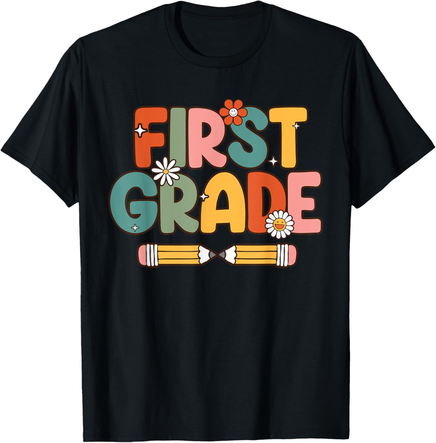Retro Sunset First Grade Teacher & Student Back To School Men Women T-Shirt - T-Shirt | Black