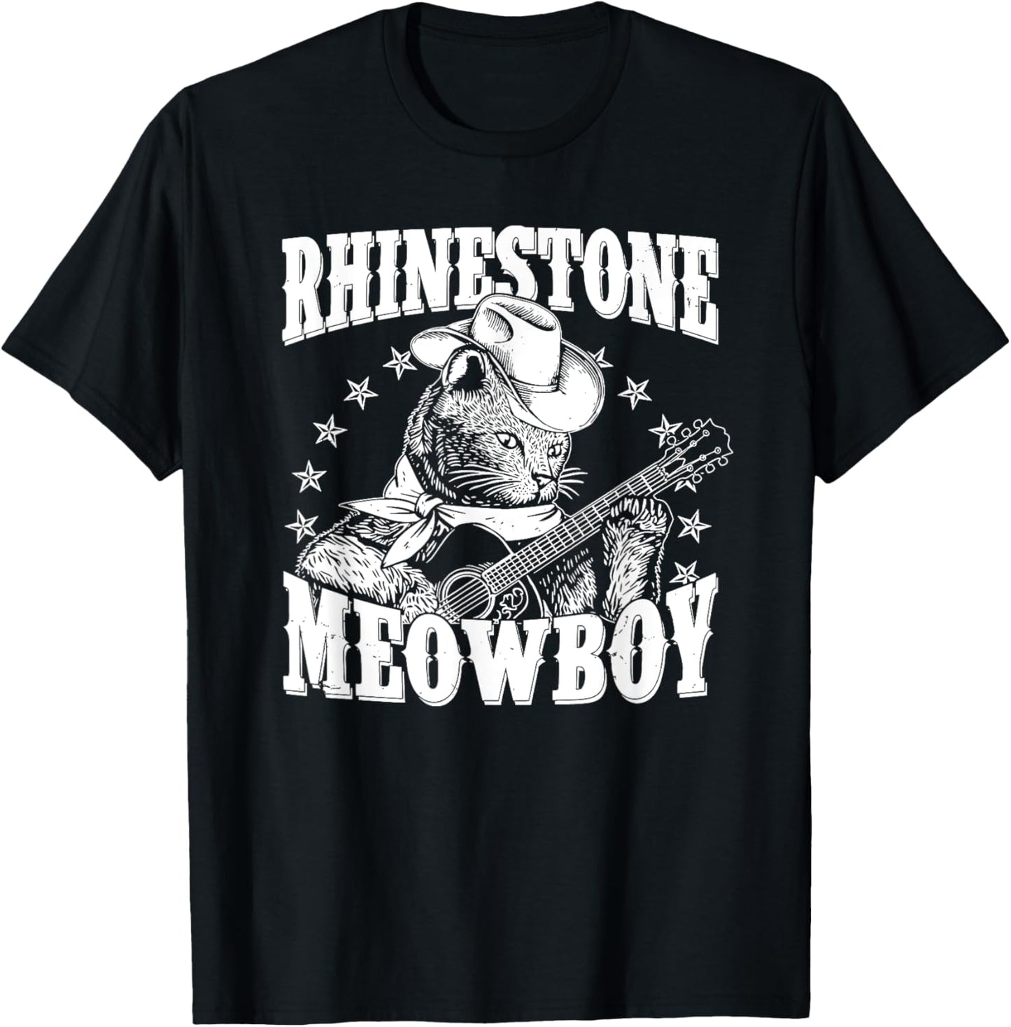 Meowboy Funny Meow Cowboy Cat Playing Guitar Country Music T-Shirt - T-Shirt | Black