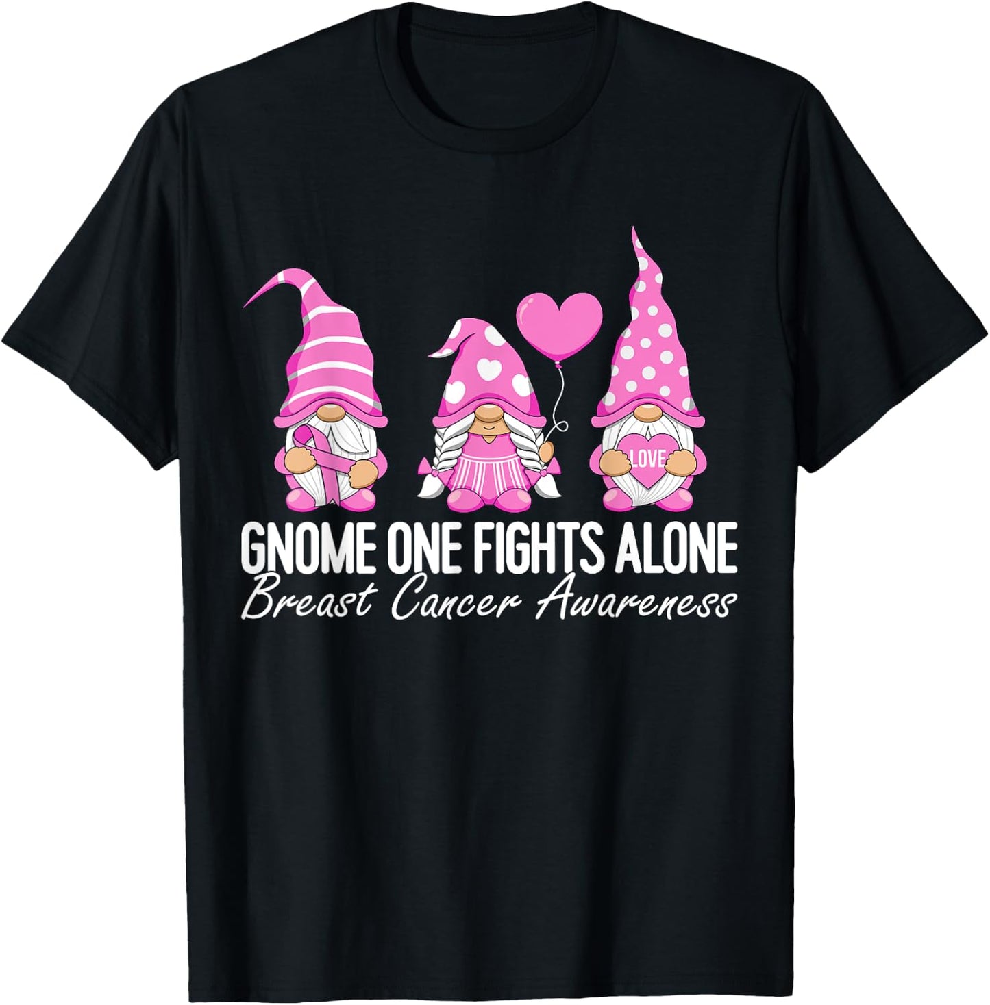 Breast Cancer Awareness Gnomes I Wear Pink Ribbon Support T-Shirt - T-Shirt | Black