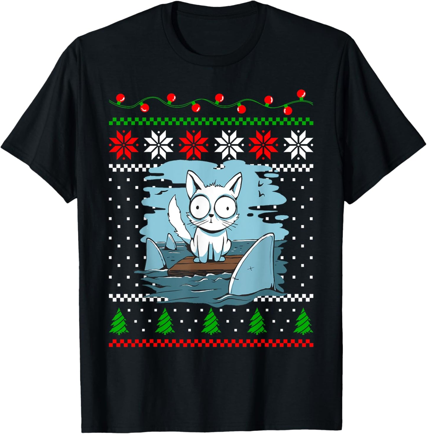 Christmas Cat Animal and Sharks Fish Funny Xmas Design T-Shirt - T-Shirt | Black