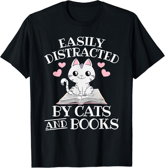 Easily Distracted By Cats And Books Funny Cat Book Lover T-Shirt - T-Shirt | Black