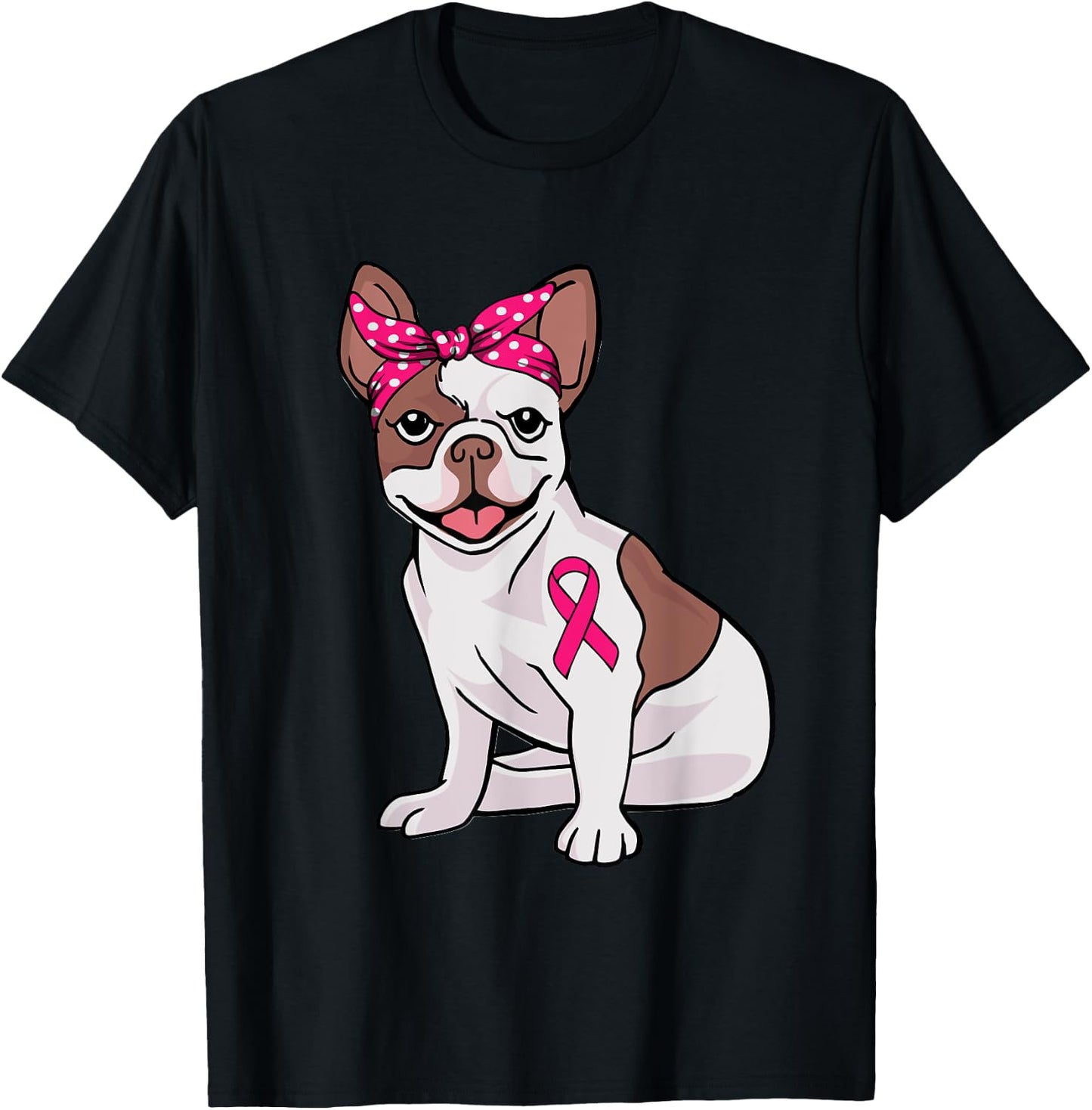 French Bulldog Pink Bandana Breast Cancer Awareness Cute Dog T-Shirt - T-Shirt | Black