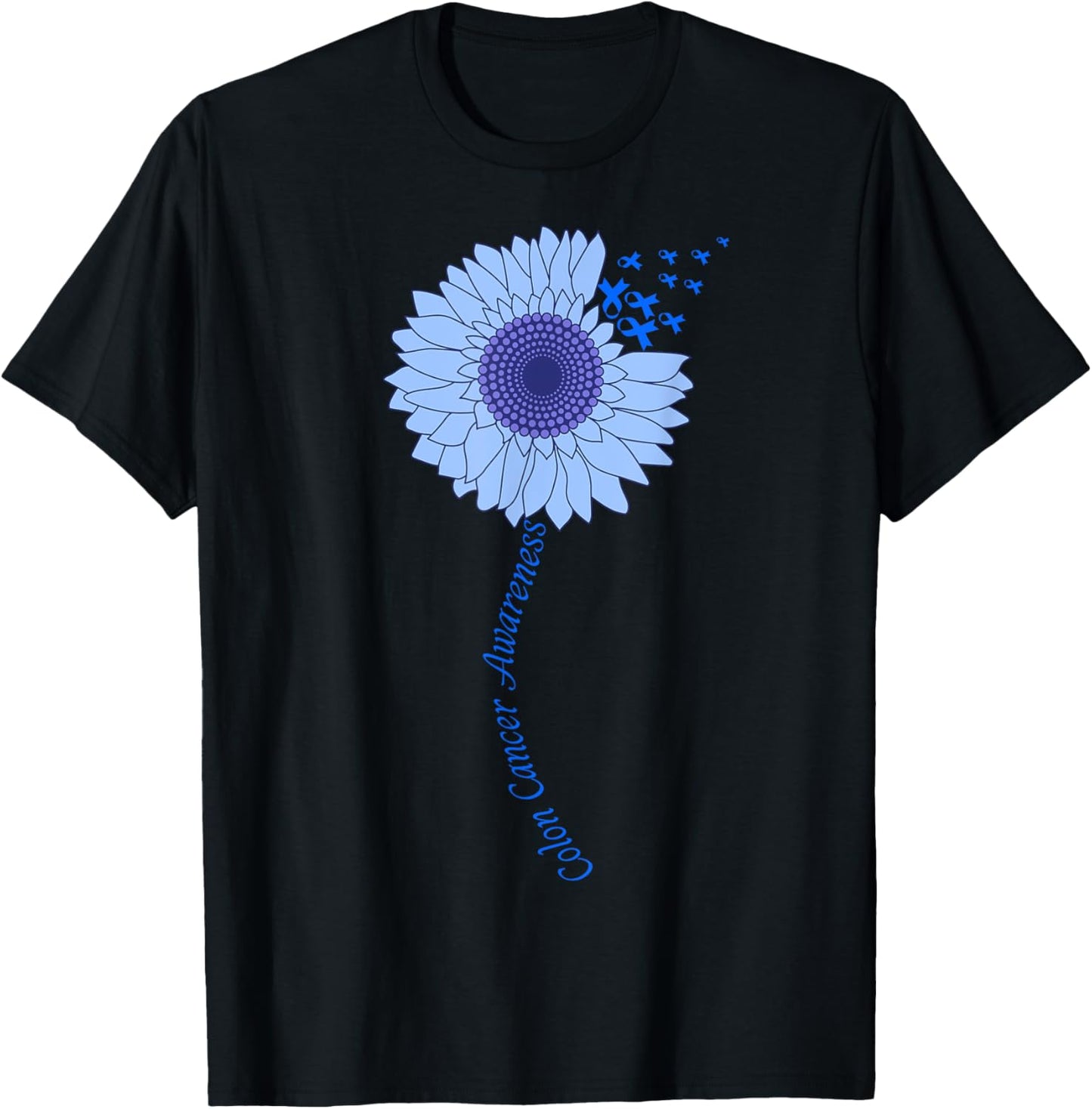 Colon Cancer Awareness Sunflower Periwinkle Ribbon T-Shirt - T-Shirt | Black