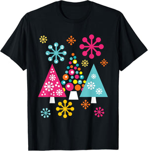 Groovy Retro Christmas Trees and Snowflakes T-Shirt - T-Shirt | Black