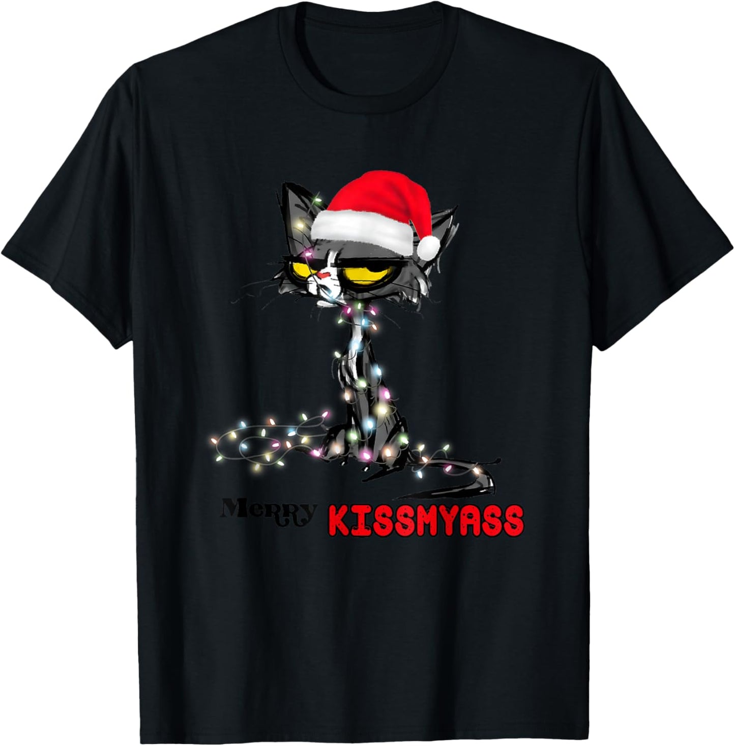 Cool Cat Hat Merry Kiss My Ass Christmas T-Shirt - T-Shirt | Black