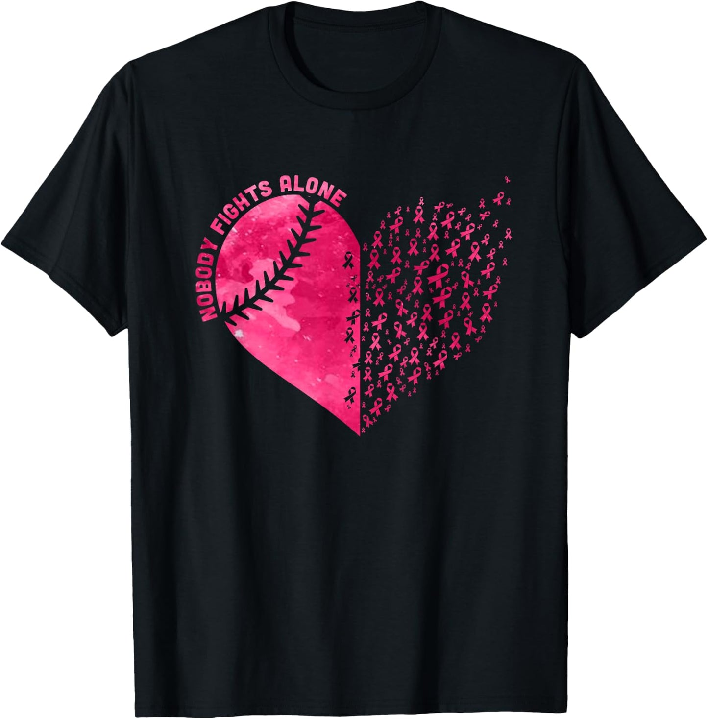 Nobody Fights Alone Pink Baseball Breast Cancer Awareness T-Shirt - T-Shirt | Black