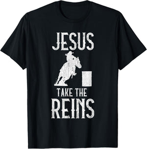 Jesus Take The Reins Cowgirl Mama Barrel Racing Mom T-Shirt - T-Shirt | Black