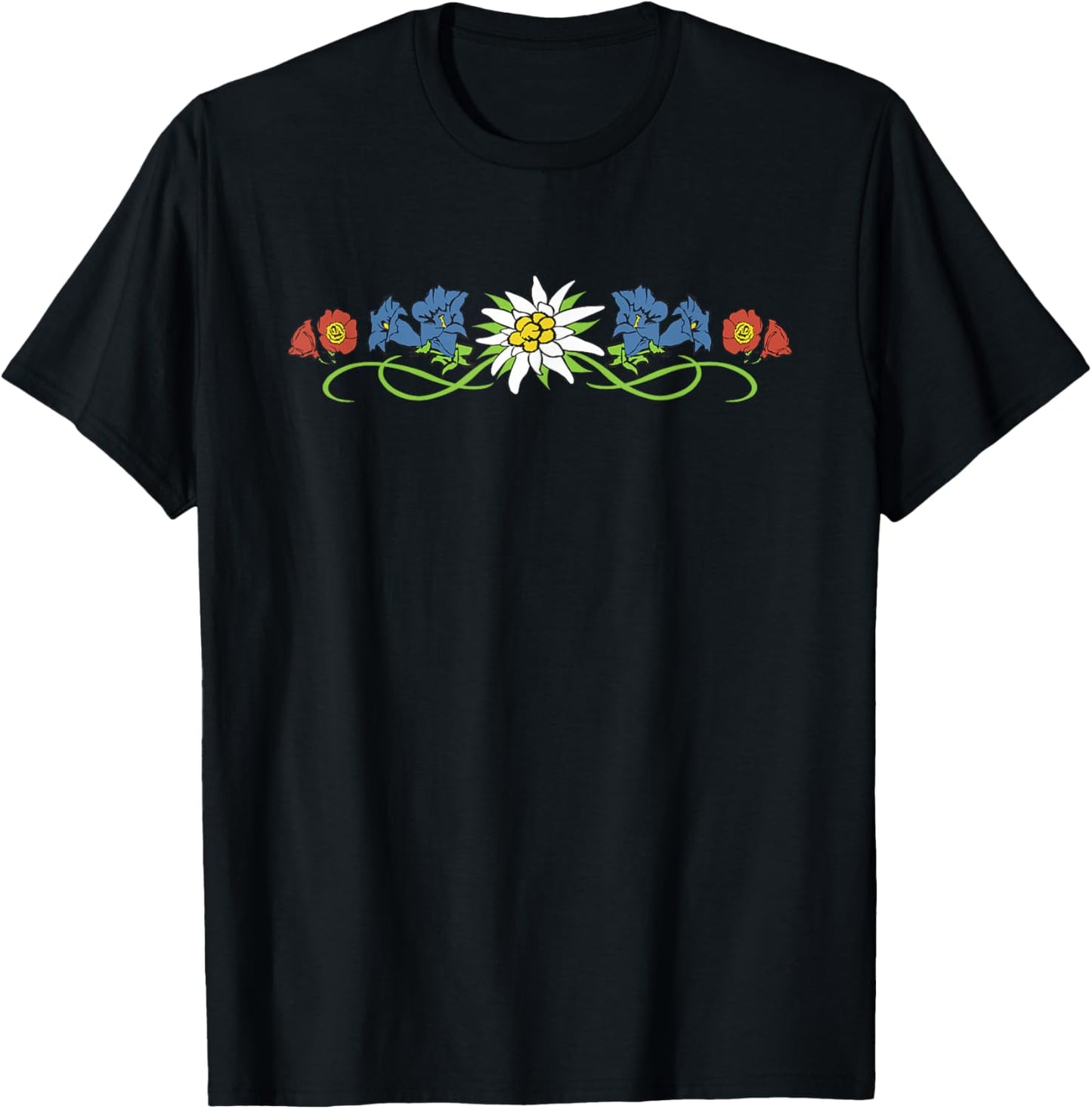 The Most Beautiful Alpine Flowers - Edelweiss Gentian Alpine Rose T-Shirt - T-Shirt | Black