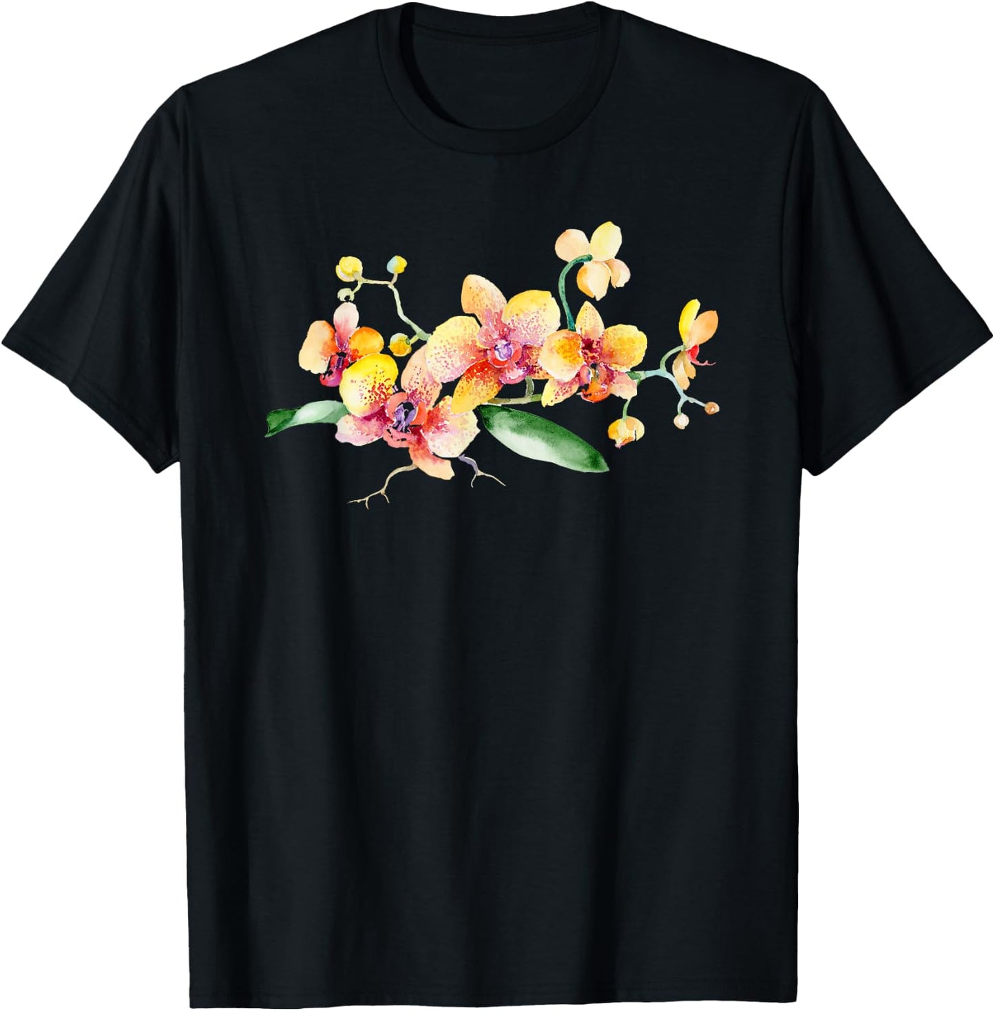 Yellow Orchid Flower Watercolor Floral Design T-Shirt - T-Shirt | Black