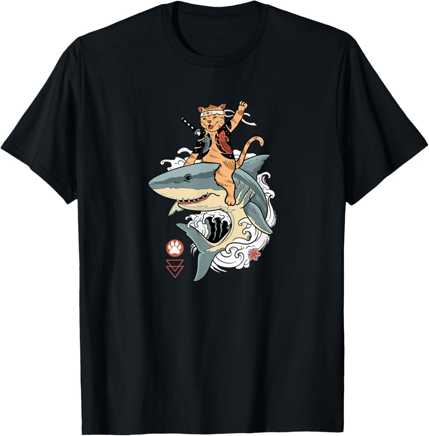 Samurai Cat Riding a Shark, Cat Warrior with Japanese Katana Men Women T-Shirt - T-Shirt | Black