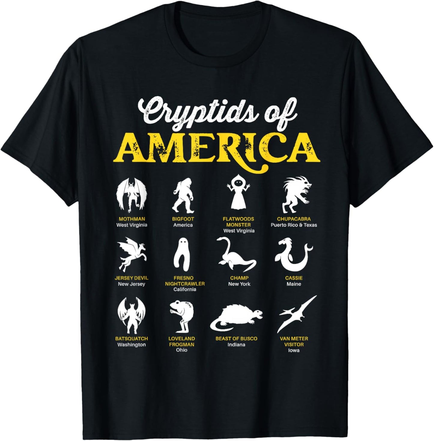 Cryptids of America Mothman Chupacabra Frogman Jersey Devil T-Shirt - T-Shirt | Black