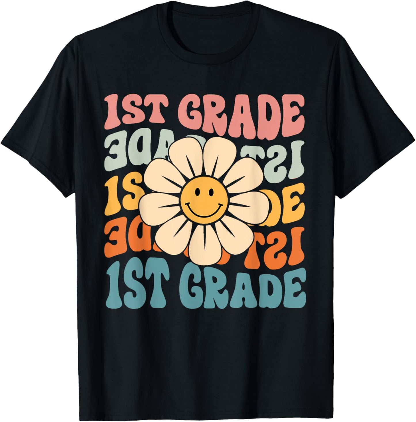 Retro 1st Grade Daisy Colorful Back To School First Grade T-Shirt - T-Shirt | Black