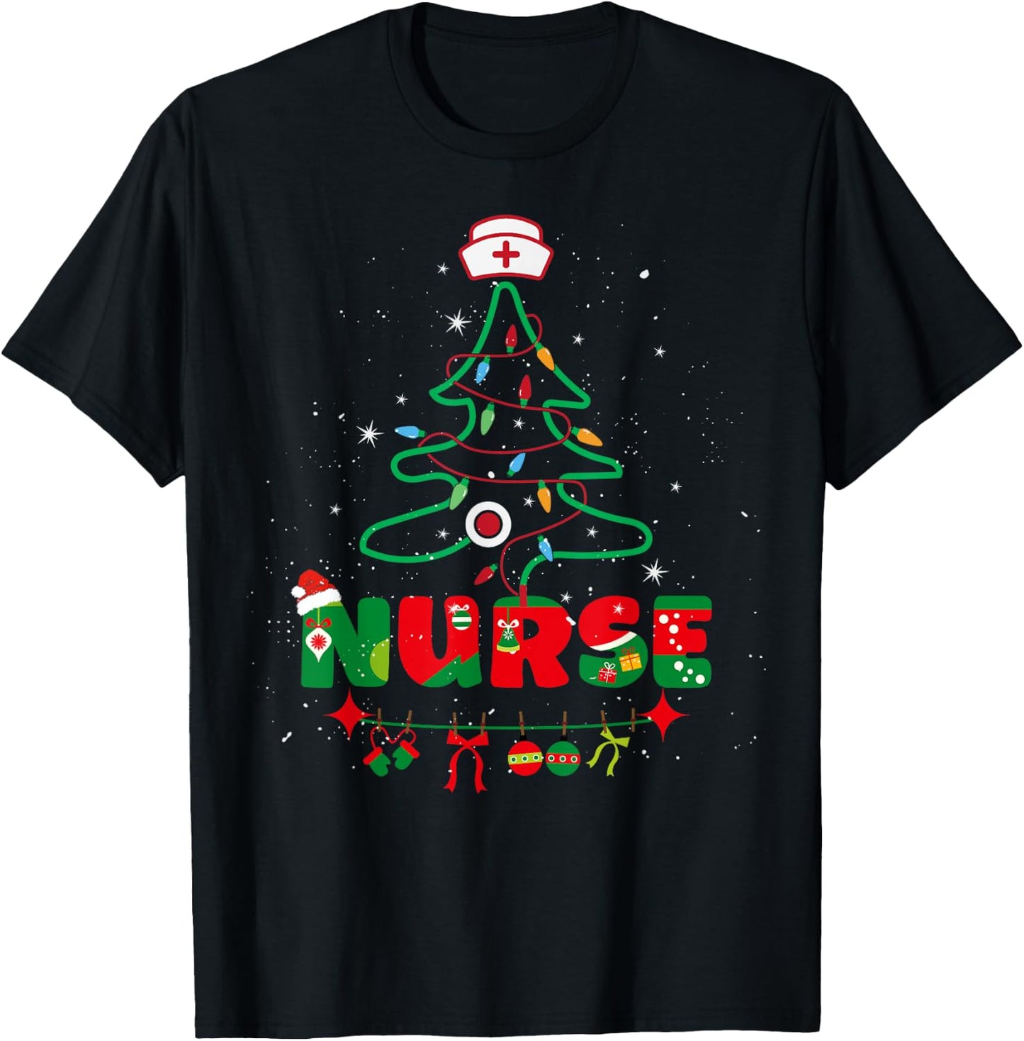 Nurse Christmas Stethoscope Tree Nurses Xmas Pajamas T-Shirt - T-Shirt | Black