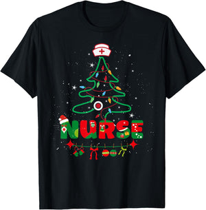 Nurse Christmas Stethoscope Tree Nurses Xmas Pajamas T-Shirt - T-Shirt | Black