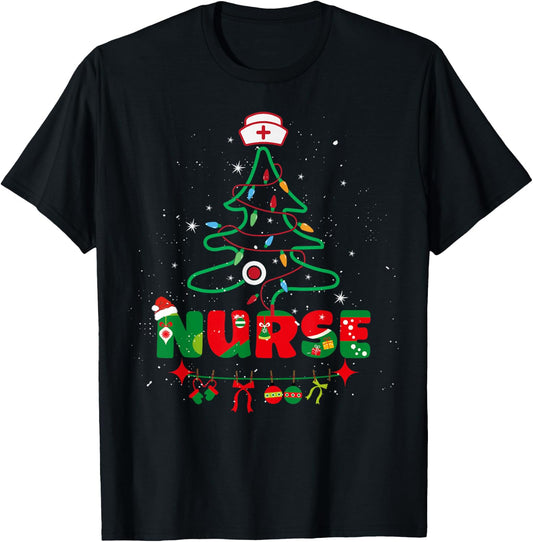 Nurse Christmas Stethoscope Tree Nurses Xmas Pajamas T-Shirt - T-Shirt | Black