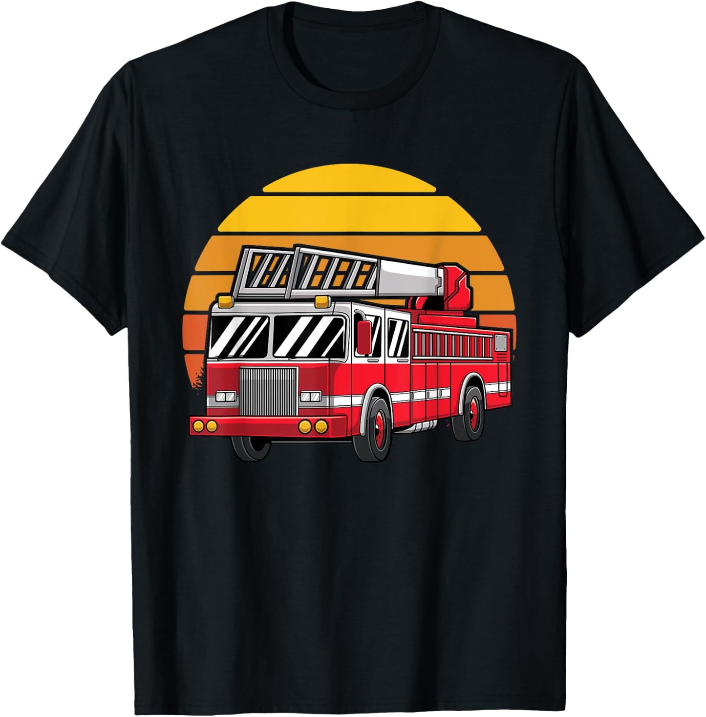 Thin Red Line Firefighter Fire Truck Retro Sunset 80s T-Shirt - T-Shirt | Black