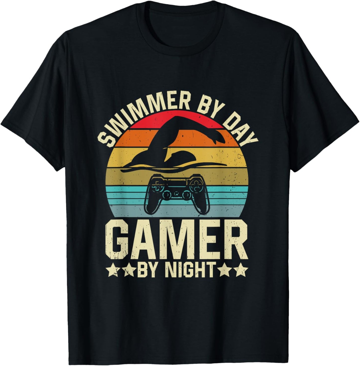 Swimmer By Day Gamer By Night Swimming Video Games Lover T-Shirt - T-Shirt | Black