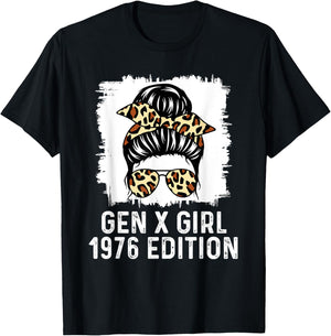 Gen X Girl 1976 Edition Cheetah Messy Bun Birthday T-Shirt - T-Shirt | Black