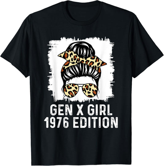 Gen X Girl 1976 Edition Cheetah Messy Bun Birthday T-Shirt - T-Shirt | Black
