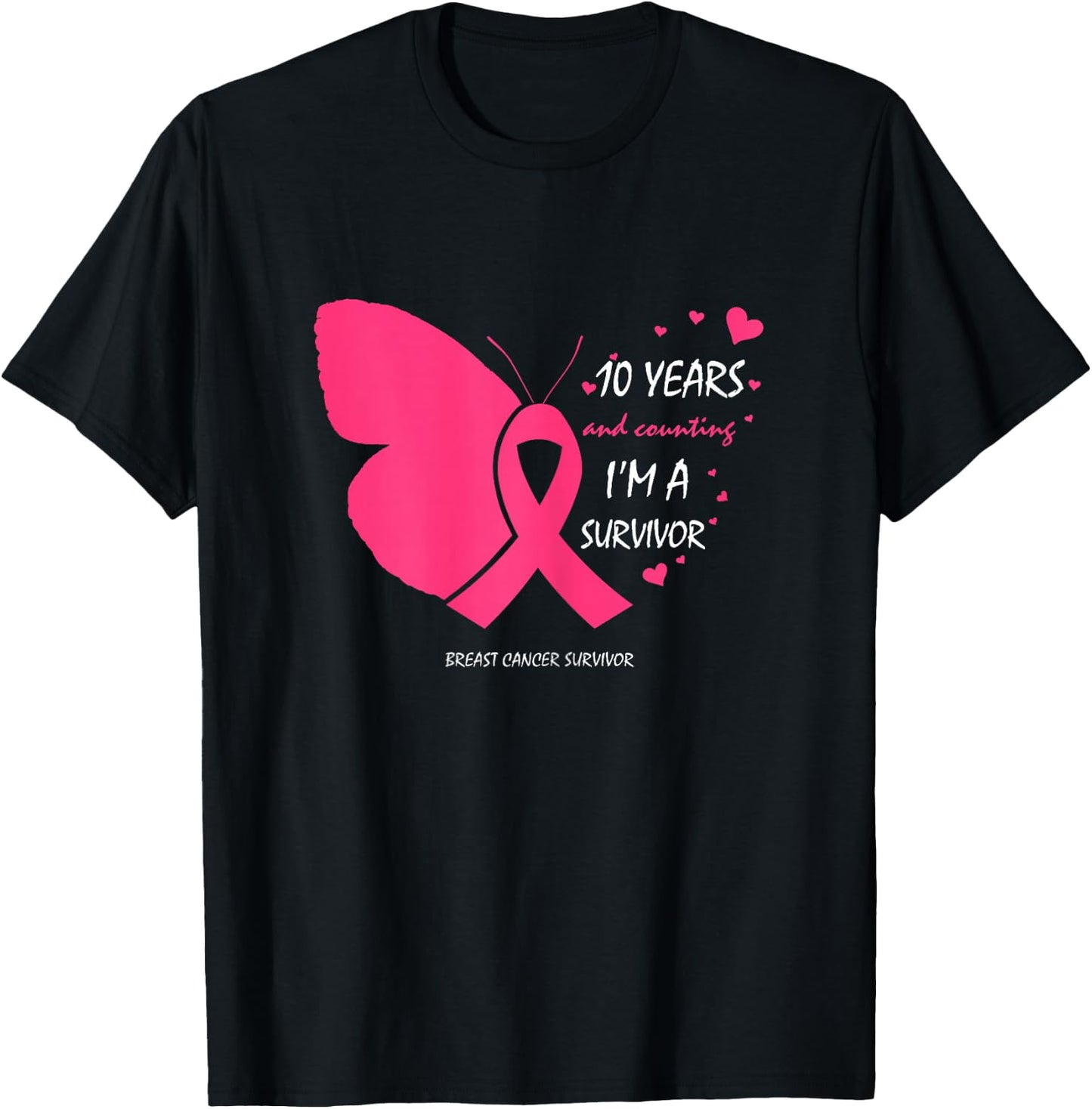 10 Years Breast Cancer Free Gifts Butterfly Pink Survivor T-Shirt - T-Shirt | Black
