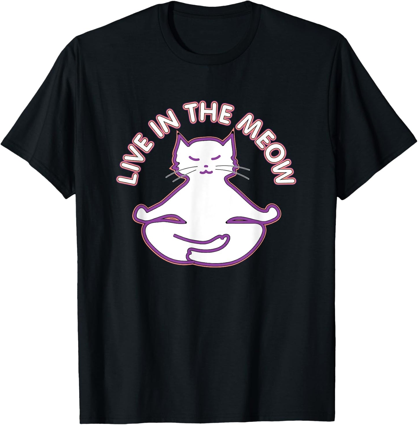 Yoga Teacher Gifts LAD Graphics Yoga Cat 'Live In The Meow' Yogi Kitty Meditation Black Women's Classic Fit Short Sleeve T-Shirt - T-Shirt | Black