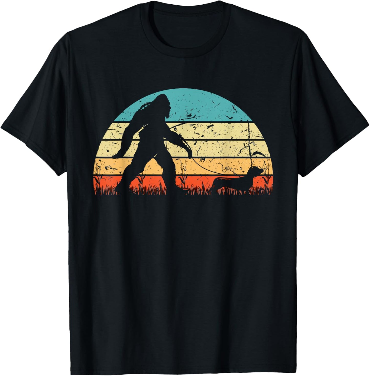 Retro Bigfoot Walking Dachshund Sasquatch Dog Wiener Vintage T-Shirt - T-Shirt | Black
