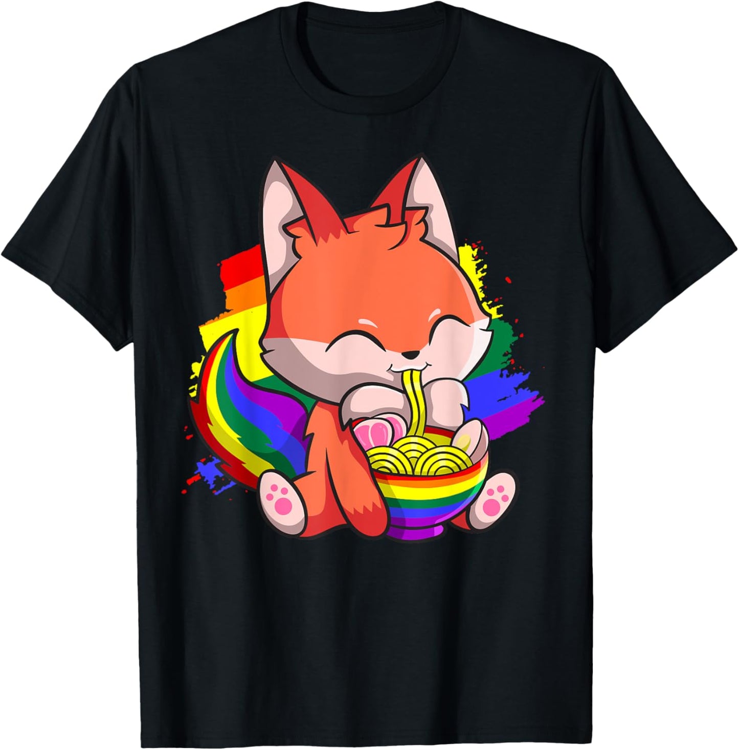 Gay Pride Kawaii Fox Ramen Noodles Rainbow Flag T-Shirt - T-Shirt | Black
