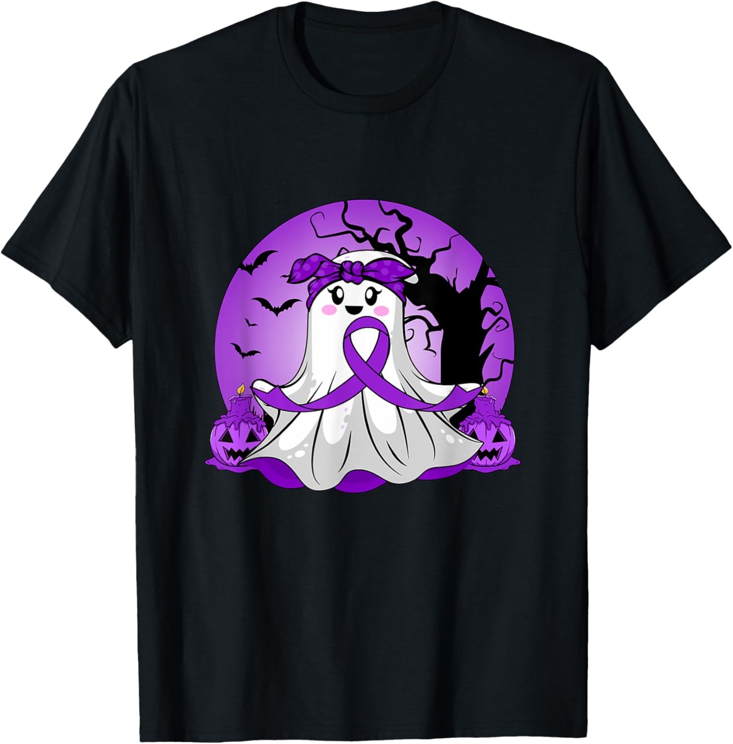 Pancreatic Cancer Halloween Ghost Purple Ribbon Awareness T-Shirt - T-Shirt | Black