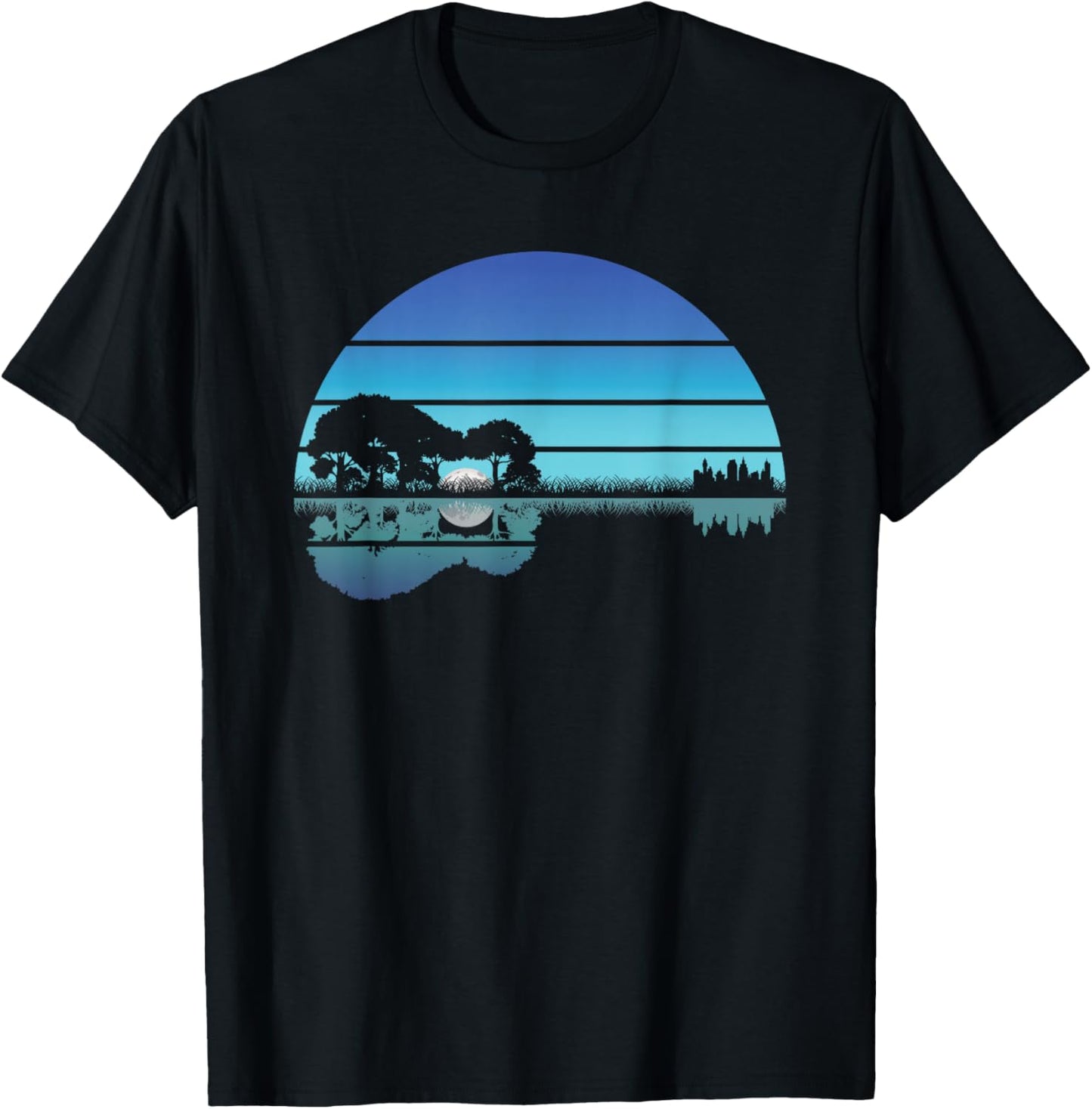 Acoustic Guitar Lake Sunset Guitarist Musician Music Rock T-Shirt - T-Shirt | Black