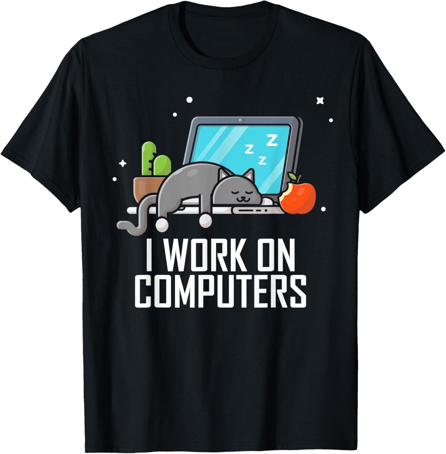 I Work on Computers Funny Cute Tech Coding Cat Working T-Shirt - T-Shirt | Black