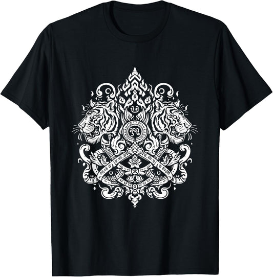Sak Yant Muay Thai MMA Tattoo Twin Tiger Martial Art Boxing T-Shirt - T-Shirt | Black