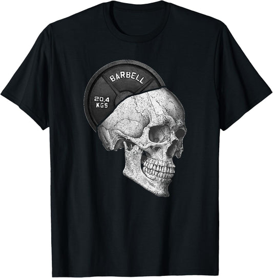 Funny Skull Weightlifting Gym Print T-Shirt - T-Shirt | Black