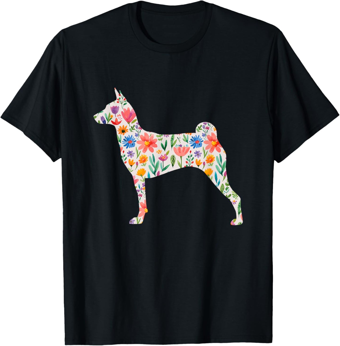 Miller Sye Basenji Dog Watercolor Flowers - Black, Small, -Adults, Short Sleeve, Classic Fit T-Shirt - T-Shirt | Black