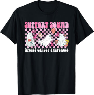 Groovy Halloween Cute Pink Ghost Breast Cancer Support Squad T-Shirt - T-Shirt | Black