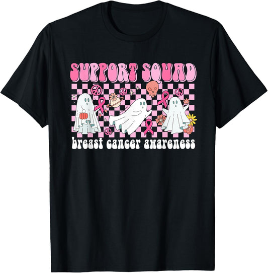 Groovy Halloween Cute Pink Ghost Breast Cancer Support Squad T-Shirt - T-Shirt | Black