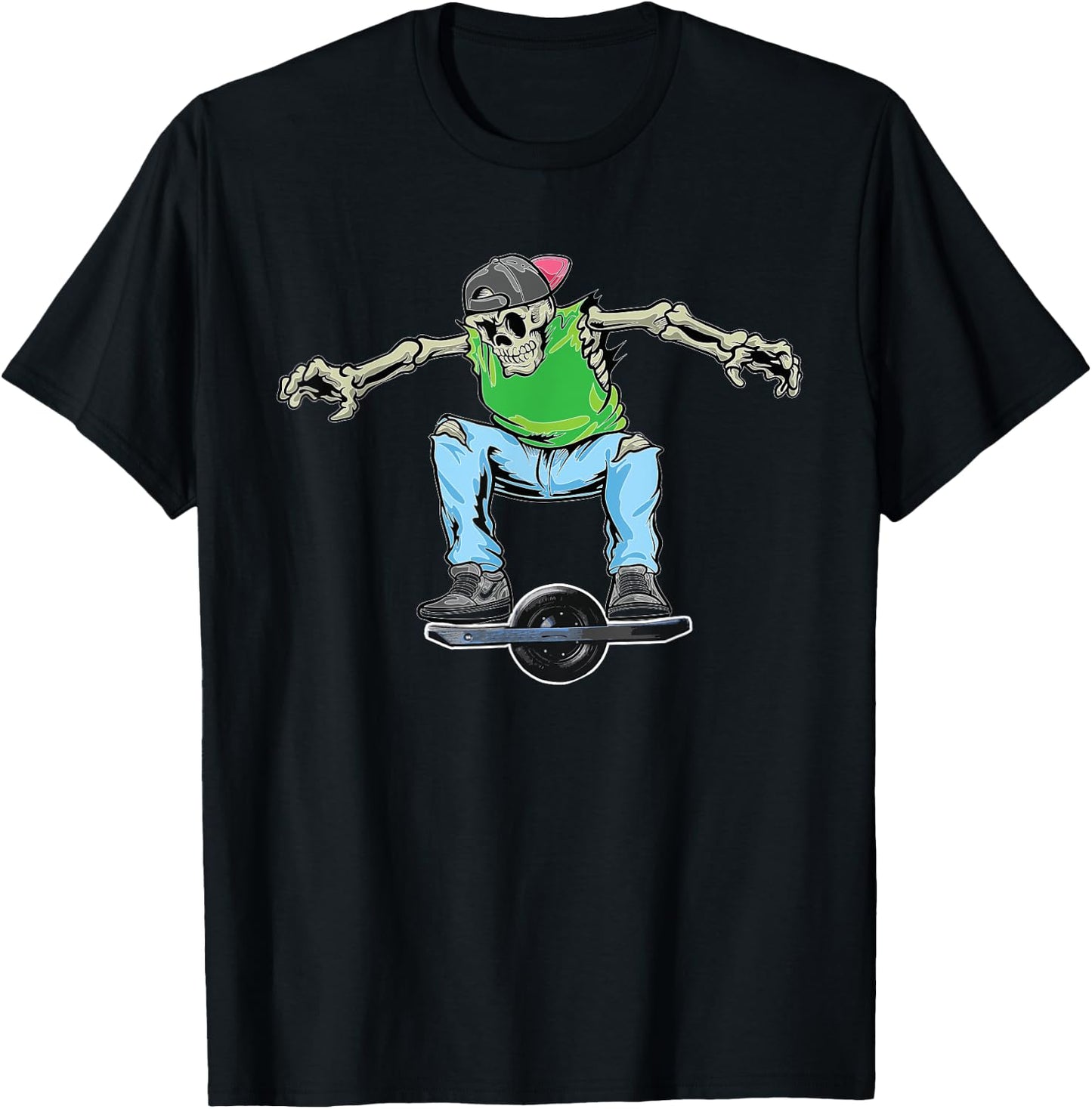 Skating Dabbing Skeleton On Onewheel Skateboard T-Shirt - T-Shirt | Black