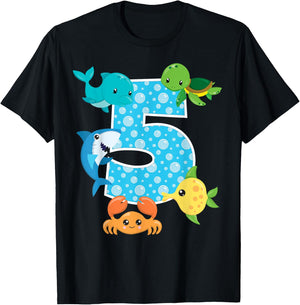 5th Birthday Party 5 Year Old Sea Fish Aquarium Birthday Boy T-Shirt - T-Shirt | Black