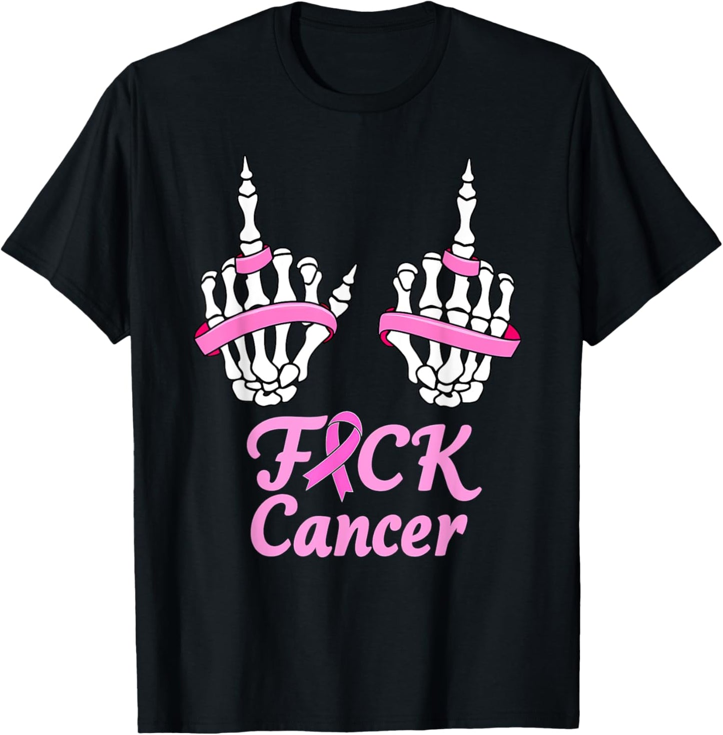 Fuck Cancer Pink Ribbon Skeleton Breast Cancer Halloween T-Shirt - T-Shirt | Black