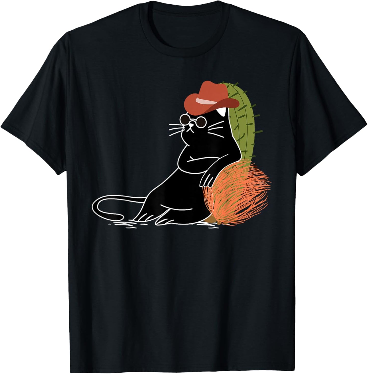 Relaxed Cowboy Cat Amidst Cactus and Wild West Tumbleweeds T-Shirt - T-Shirt | Black