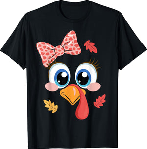 Turkey Face Leopard Bow Thanksgiving Costume Girl T-Shirt - T-Shirt | Black