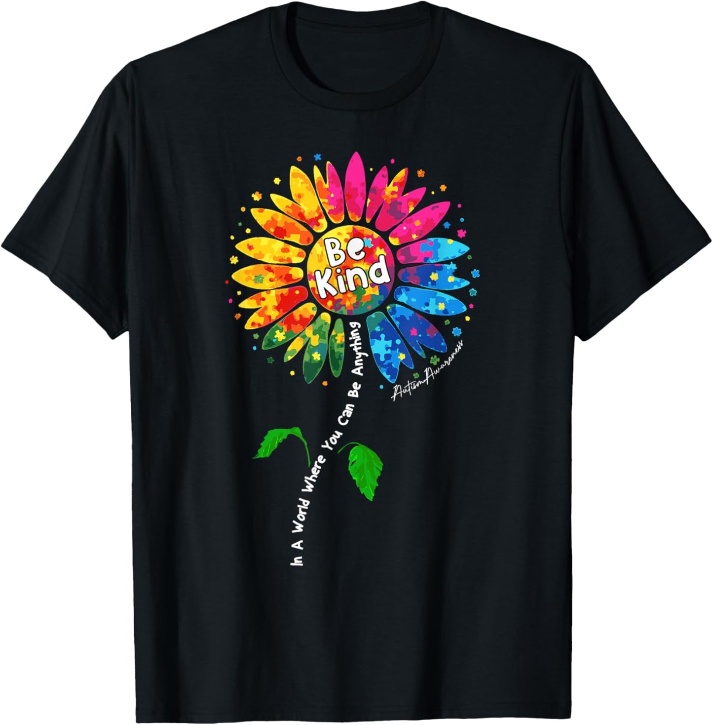 Autism Colorful Sunflower Support Autism Awareness T-Shirt - T-Shirt | Black