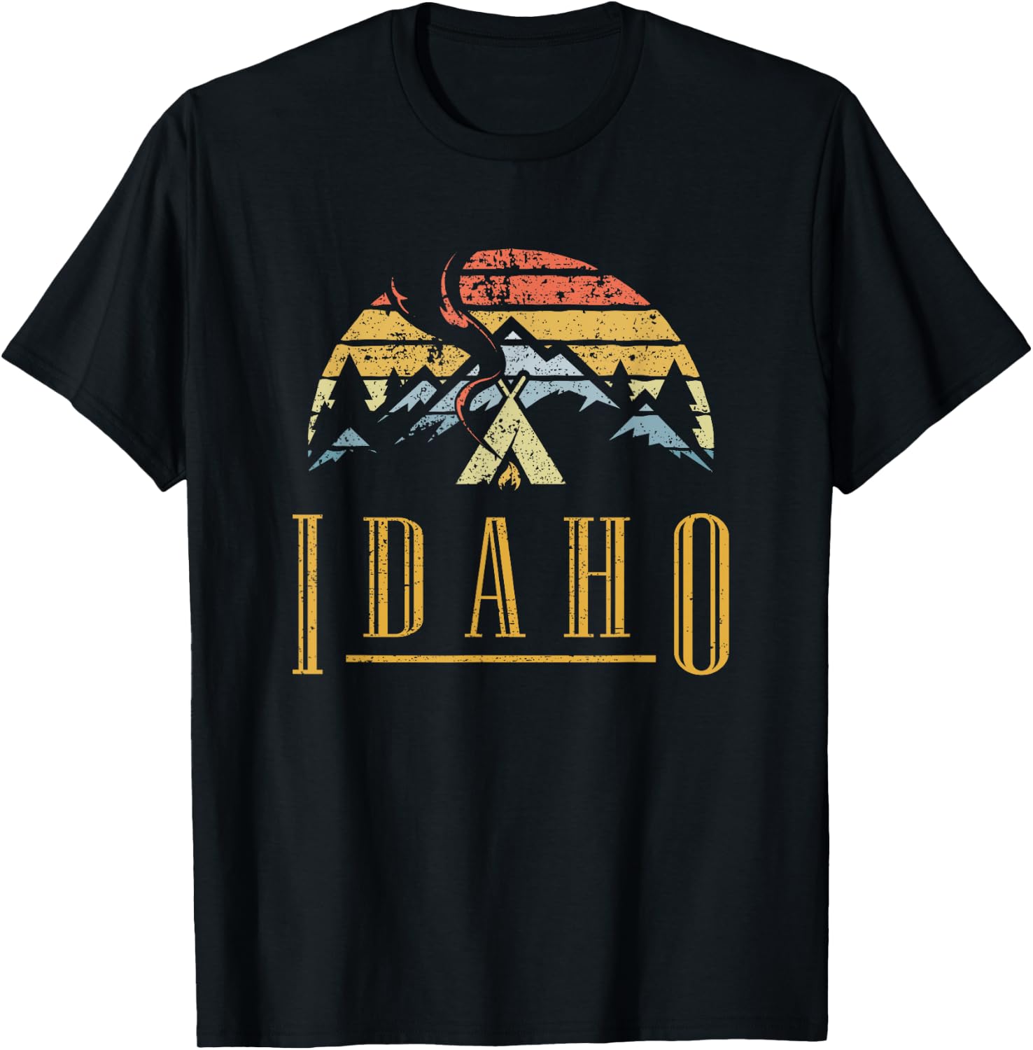 Vintage Idaho Mountains Camping Campfire Retro T Shirt T-Shirt - T-Shirt | Black